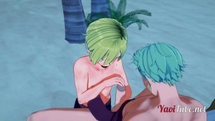 One Piece Yaoi - Zoro x Sanji Handjob and Blowjob in a beach - anime Manga Gay