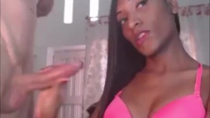 Sexy Ebony Shemale Stroking a Dude's Dick