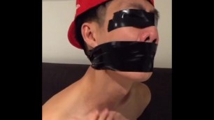 Chinese Student Tied up and Tape Gagged Tightly with Black PVC Tape