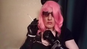 Sissy Mandy bitch in pink smoking vs120 in cuffs and gloves