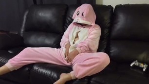 Girl in Bunny Onesie Masturbating on Couch