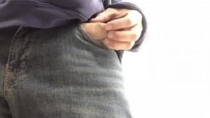 Teasing Dick through Hole in Pocket at Work! Cum with Fingertips